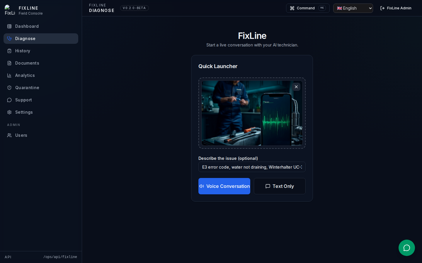 FixLine diagnose screen with equipment photo